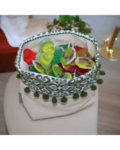 Handcrafted Embroidered Table Bag with Vibrant Patterns - Green - premium quality product. - سلة ضيافة مصنوعة يدوياً بنقوش زاهية وكرات زخرفية - أخضر - منتج عالي الجودة.