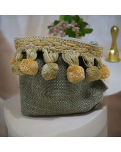 Handcrafted Table Bag with Vibrant Patterns - Green - premium quality product. - سلة ضيافة مصنوعة يدوياً بنقوش زاهية وكرات زخرفية - أخضر - منتج عالي الجودة.