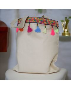 Handmade Makeup Bag with Colorful Embroidery - Beige