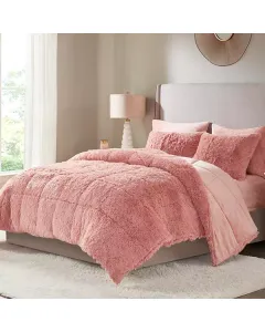 Nova Home Malea Winter Long Shaggy Fur Comforter Set - King/Super King- 6 Pcs - Pink available at The Scout - Amman, Jordan
