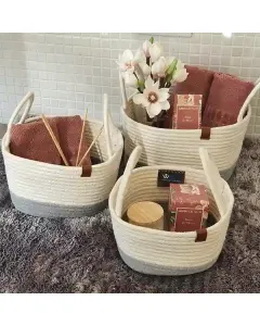Weva Vital Cotton Storage Basket With Handle Set - 100% Cotton - 3 Pcs - Ivory & Grey available at The Scout - Amman, Jordan