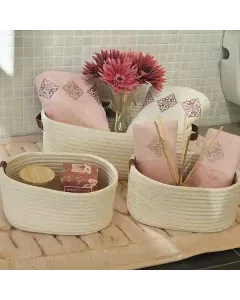 Weva Story Cotton Storage Basket With Leather Handle Set - 100% Cotton - 3 Pcs - Ivory available at The Scout - Amman, Jordan