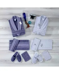 Weva Florid Family Bathrobe Set - 100% Turkish Cotton - 12 Pcs -  Navy & Grey