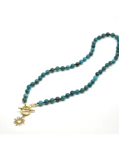 Women’s Handmade Knotted Beaded Necklace with Blue Apatite and Sun Charm