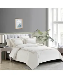 Nova Chain Embroidery Duvet Cover Set - 100% Cotton/ 200 Thread  - 6 Pcs - King/Super King - White/Gold