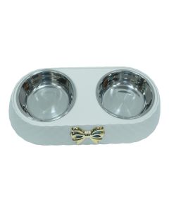 Dual Bowl Pet Feeder - White with Golden Bow Accent