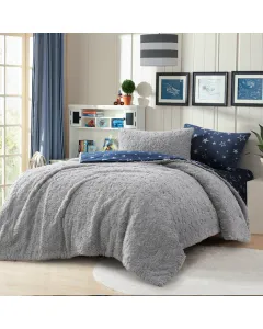 Nova Home Paros Reversible Winter Emrboidered Sherpa Comforter Set - Single/Twin - 4 Pcs - Grey