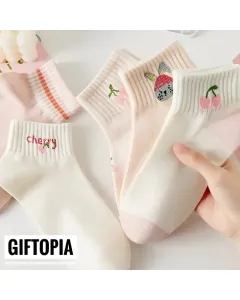 Pink Cherry & Bunny Ankle Socks (5 Pairs)