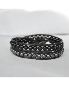 Men’s Handmade 2-Strand Black Leather Wrap Bracelet with Obsidian and Hematite Beads