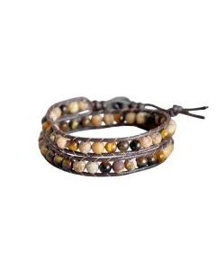 Men’s Handmade 2-Strand Brown Cord Wrap Bracelet with Matte Picture Jasper and Tiger Eye Beads