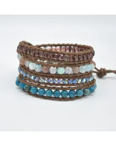 Women’s Handmade 4-Strand Brown Leather Wrap Bracelet with Blue Dragon Agate & Blue Apatite Beads