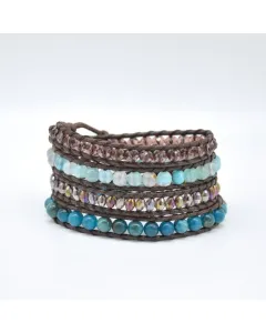 Women’s Handmade 4-Strand Brown Cord Wrap Bracelet with Blue Dragon Agate & Blue Apatite Beads