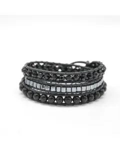 Women’s Handmade 3-Strand Black Leather Wrap Bracelet with Onyx & Japanese Metallic Cubes