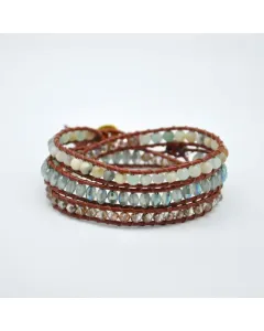 Women’s Handmade 3-Strand Garnet-Tone Leather Wrap Bracelet with Amazonite Stone & Crystal Beads