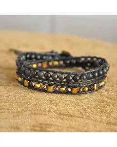 Women’s Handmade 2-Strand Black Leather Wrap Bracelet with Obsidian Stone & Crystal Beads