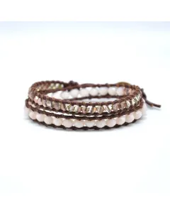 Women’s Handmade 2-Strand Brown Leather Wrap Bracelet with Rose Crystal Beads