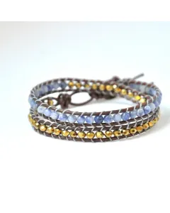 Women’s Handmade 2-Strand Brown Leather Wrap Bracelet with Opal Beads