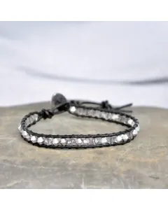 Women’s Handmade Leather Wrap Bracelet with Silver Crystal Beads