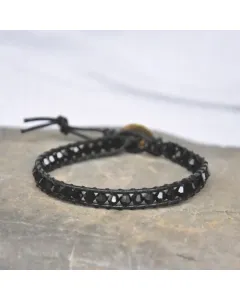 Women’s Handmade Leather Wrap Bracelet with Black Crystal Beads