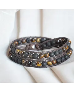 Men’s Handmade 2-Strand Brown Cord Wrap Bracelet with Tiger Eye and Volcanic Lava Stone Beads