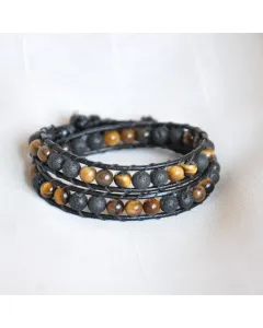 Men’s Handmade 2-Strand Black Leather Wrap Bracelet with Tiger Eye & Volcanic Lava Stone Beads