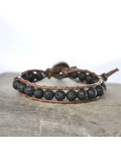 Men’s Handmade Brown Leather Wrap Bracelet with Volcanic Lava Stone Beads