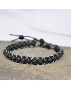 Men’s Handmade Black Leather Wrap Bracelet with Volcanic Lava Stone Beads