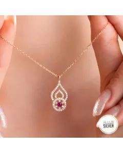 925 Sterling Silver Rose Gold-Coated Red Round Zircon Stone Design Necklace