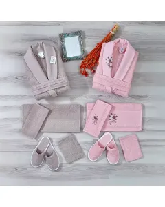 Weva Fancy Family Bathrobe Set - 100% Turkish Cotton - 12 Pcs - Pink & Taupe