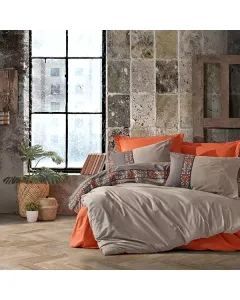 Nova Home True Embroidery Trim Duvet Cover Set - 100% Cotton - King/Super King - 4 Pcs - Grey & Orange